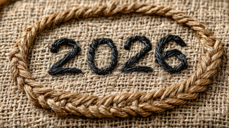 2026 year made of rope on burlap background. Generative AIの素材