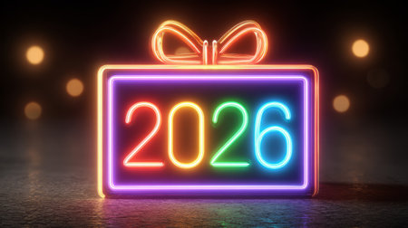 Neon Gift Box with 2026 Glowing Holiday Numbers. Generative AIの素材