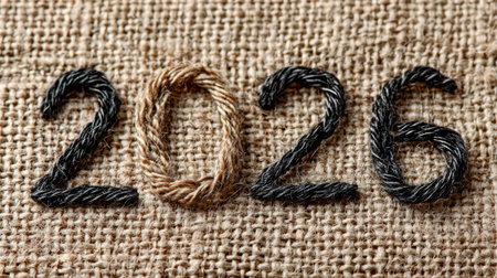 2026 year made of rope on burlap background. Generative AIの素材