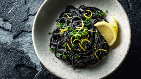 Black Squid Ink Paste with Lemon and Parsley. Generative AIの素材