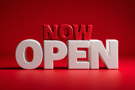 Now Open Announcement Sign on Red Background. Generative AIの素材