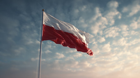 Polish Flag Waving at Sunset with Stormy Sky. Generative AIの素材