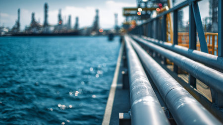 Offshore oil refinery with metal pipelines over ocean. Generative AIの素材