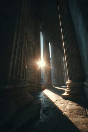 Ancient Temple Columns Illuminated by Sunset Light. Generative AIの素材