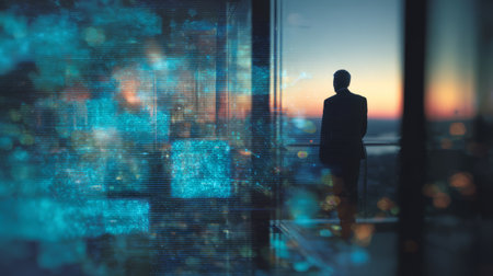 Businessman overlooking cityscape with digital data interface. Generative AIの素材
