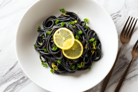 Black Squid Ink Paste with Lemon and Parsley. Generative AIの素材
