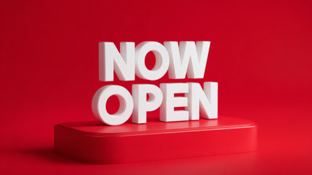 Now Open Announcement Sign on Red Background. Generative AIの素材