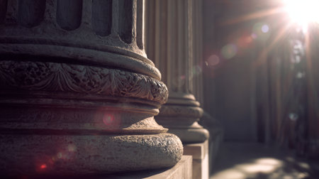 Ancient Temple Columns Illuminated by Sunset Light. Generative AIの素材