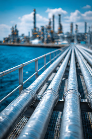 Offshore oil refinery with metal pipelines over ocean. Generative AIの素材