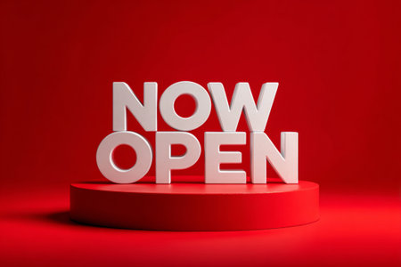 Now Open Announcement Sign on Red Background. Generative AIの素材