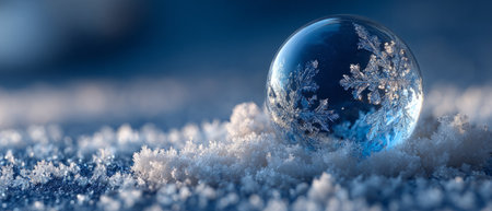 Blue and silver Christmas ornament with snowflake design in snow. Generative AIの素材