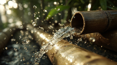 serene and detailed close-up of fresh water flowing through traditional bamboo pipes. Generative AIの素材