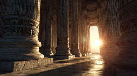 Ancient Temple Columns Illuminated by Sunset Light. Generative AIの素材