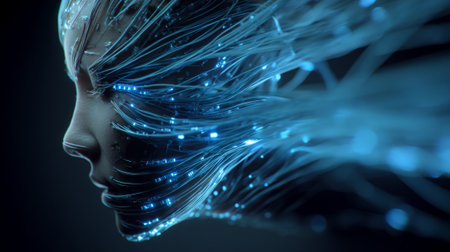 Futuristic female figure with glowing neural connections. Generative AIの素材
