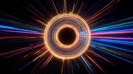 Colorful light tunnel with glowing energy beams. Generative AIの素材