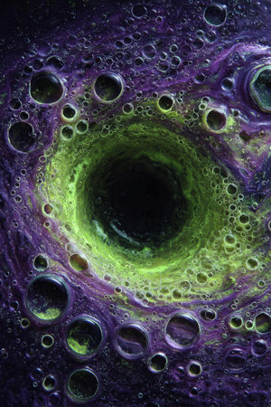 Neon Green and Purple Soap Bubble Ring on Black. Generative AIの素材