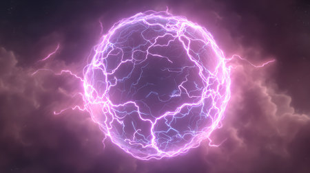 Violet electric energy ring in stormy clouds. Generative AIの素材