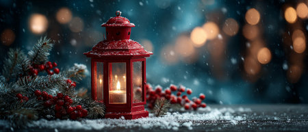 A glowing red lantern with a lit candle surrounded by pine branches, berries, and snow, creating a cozy and festive winter atmosphere.の素材