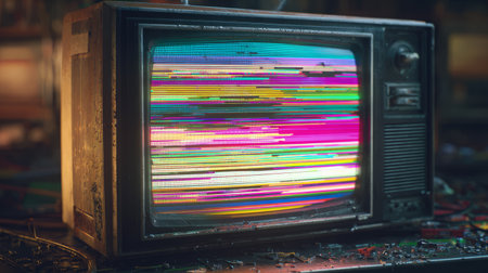Retro TV glitch with melting rainbow screen. Generative AIの素材