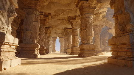 Sandstone Pillars in Sunlit Desert Cave Landscape. Generative AIの素材