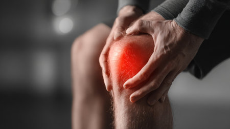 Man holding painful inflamed knee joint. Generative AIの素材