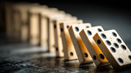 Falling wooden dominoes in chain reaction on dark surface. Generative AIの素材