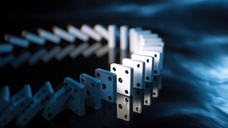 Falling wooden dominoes in chain reaction on dark surface. Generative AIの素材