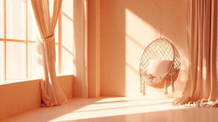 Cozy sunlit room with rattan hanging chair and arched window. Generative AIの素材