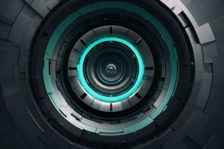 Futuristic Metallic Core with Glowing Teal Rings and Mechanical Design. Generative AIの素材
