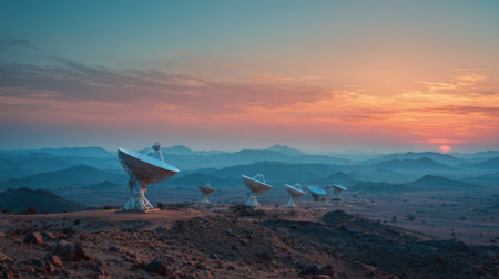 Giant satellite dishes scanning night sky for signals. Generative AIの素材