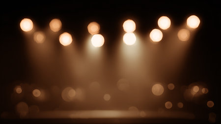 Warm spotlight stage with blurred golden bokeh lights. Generative AIの素材