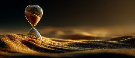 Hourglass in golden sand desert at sunset. Generative AIの素材