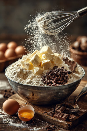 Baking ingredients with flour, eggs, and chocolate. Generative AIの素材
