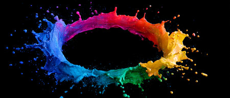 Vibrant circular rainbow paint splash on black. Generative AIの素材