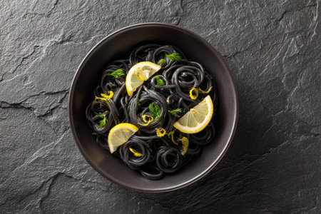 Black Squid Ink Paste with Lemon and Parsley. Generative AIの素材