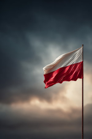 Polish Flag Waving at Sunset with Stormy Sky. Generative AIの素材