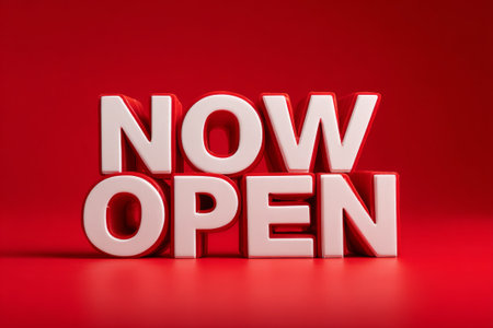 Now Open Announcement Sign on Red Background. Generative AIの素材