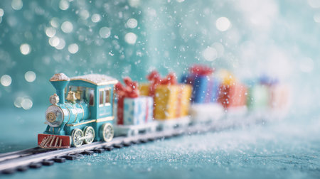 Decorative holiday train with glittery wrapped presents on each car, surrounded by snow and festive bokeh lights in a whimsical winter scene.の素材
