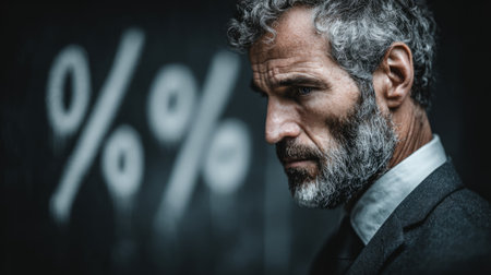 Depressed man in front of zero percent and falling chart. Generative AIの素材