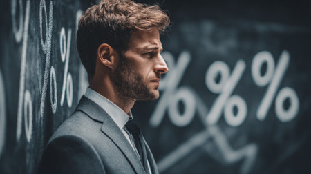 Depressed man in front of zero percent and falling chart. Generative AIの素材