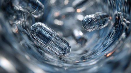 Capsules in motion, a futuristic pharmaceutical concept. Generative AIの素材