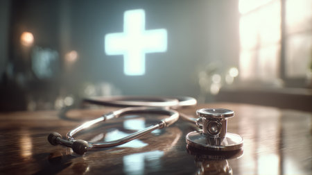 Stethoscope on table with glowing medical cross symbol. Generative AIの素材