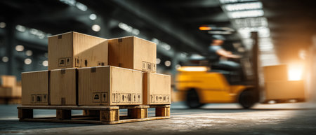 Stacked Cardboard Boxes with Forklift in Warehouse .Generative AIの素材