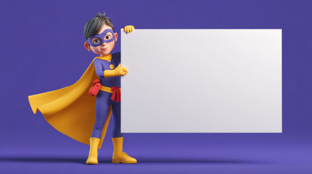 little child in a superhero costume holds a blank sign. Generative AIの素材