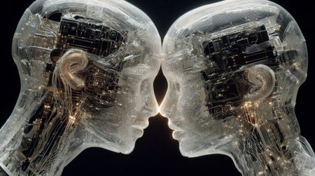 Two futuristic AI humanoids connecting through digital interface. Generative AIの素材
