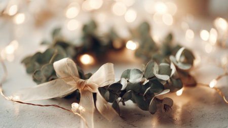 Elegant handmade wreath with bow and warm lightsの素材