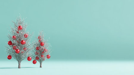 Minimalist Christmas trees with red ornaments on pastel background. Generative AIの素材
