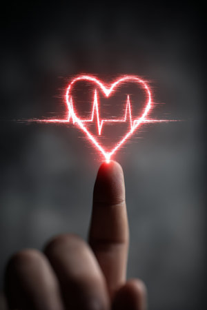 Finger Touching Glowing Heartbeat Line in Red Light. Generative AIの素材
