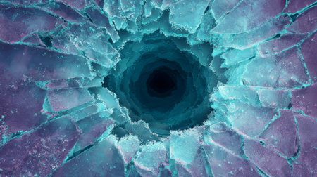 Shattered ice surface with a dark central hole and glowing. Generative AIの素材