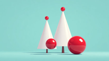 Minimalist Christmas trees with red ornaments on pastel background. Generative AIの素材